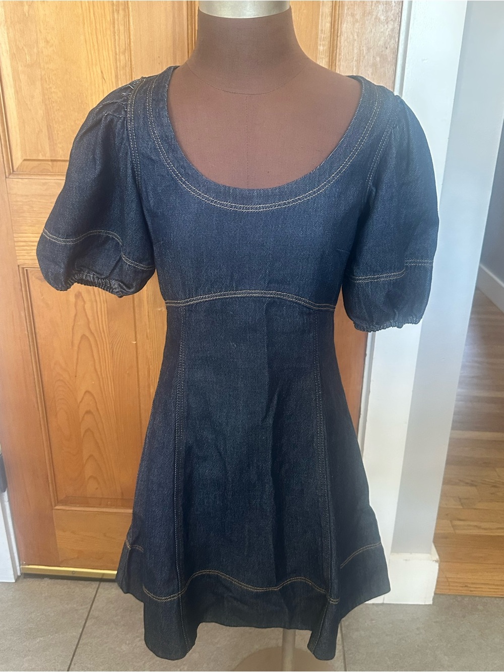 LOFT Dark Blue Denim Puff-Sleeve Mini Dress